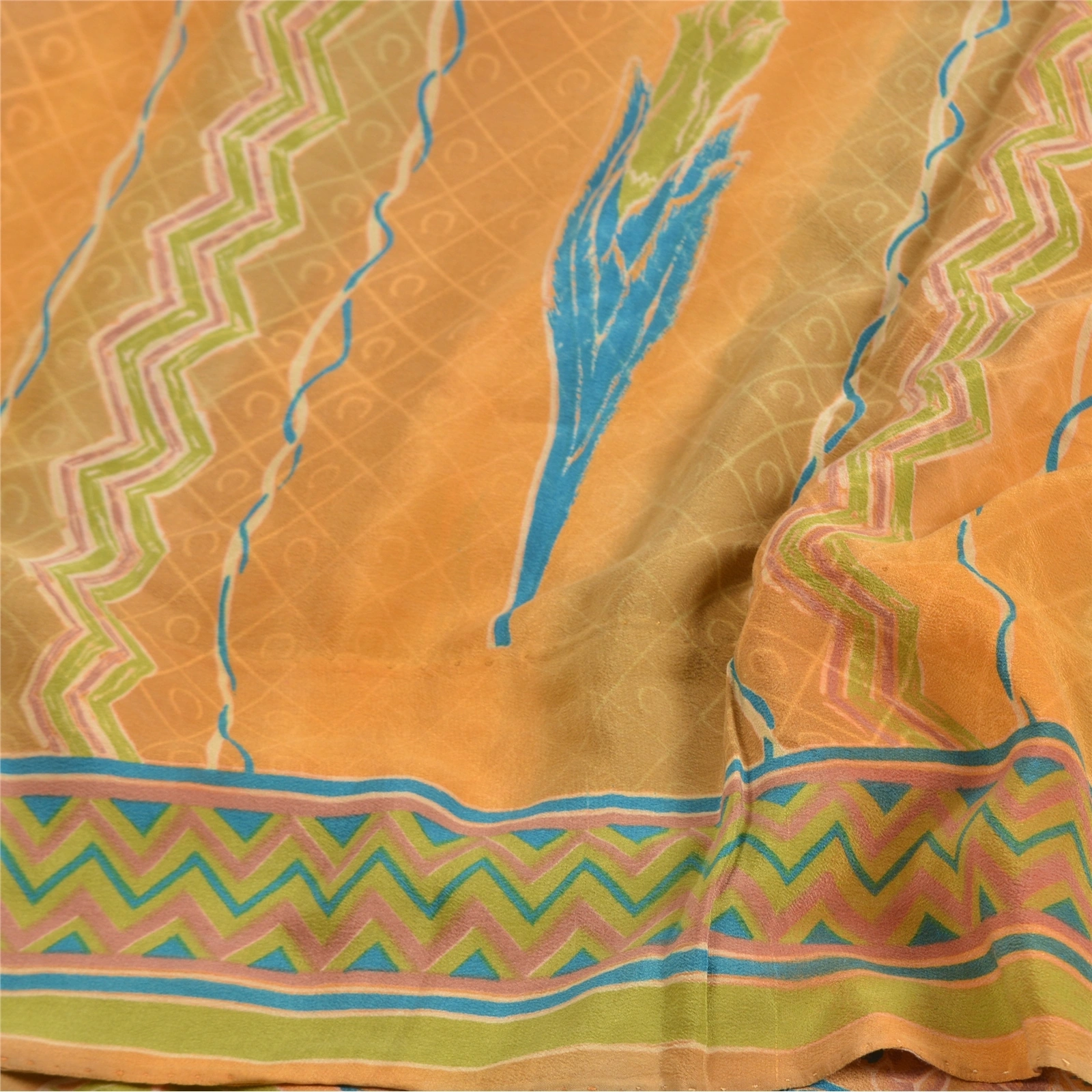 Sanskriti Vintage Sarees Indian Orange Pure Crepe Silk Printed Sari Craft Fabric, PRC-19171-Orange-Printed Floral Design-Pure Crepe Silk-6