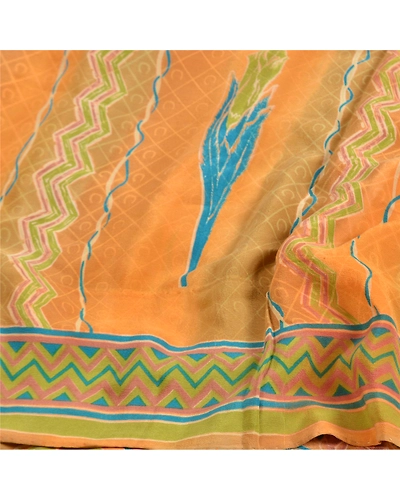 Sanskriti Vintage Sarees Indian Orange Pure Crepe Silk Printed Sari Craft Fabric, PRC-19171-Orange-Printed Floral Design-Pure Crepe Silk-6