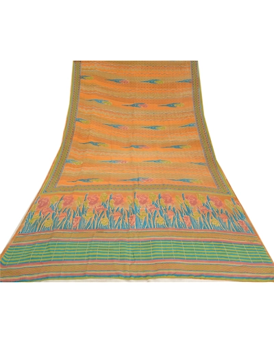 Sanskriti Vintage Sarees Indian Orange Pure Crepe Silk Printed Sari Craft Fabric, PRC-19171-Orange-Printed Floral Design-Pure Crepe Silk-8