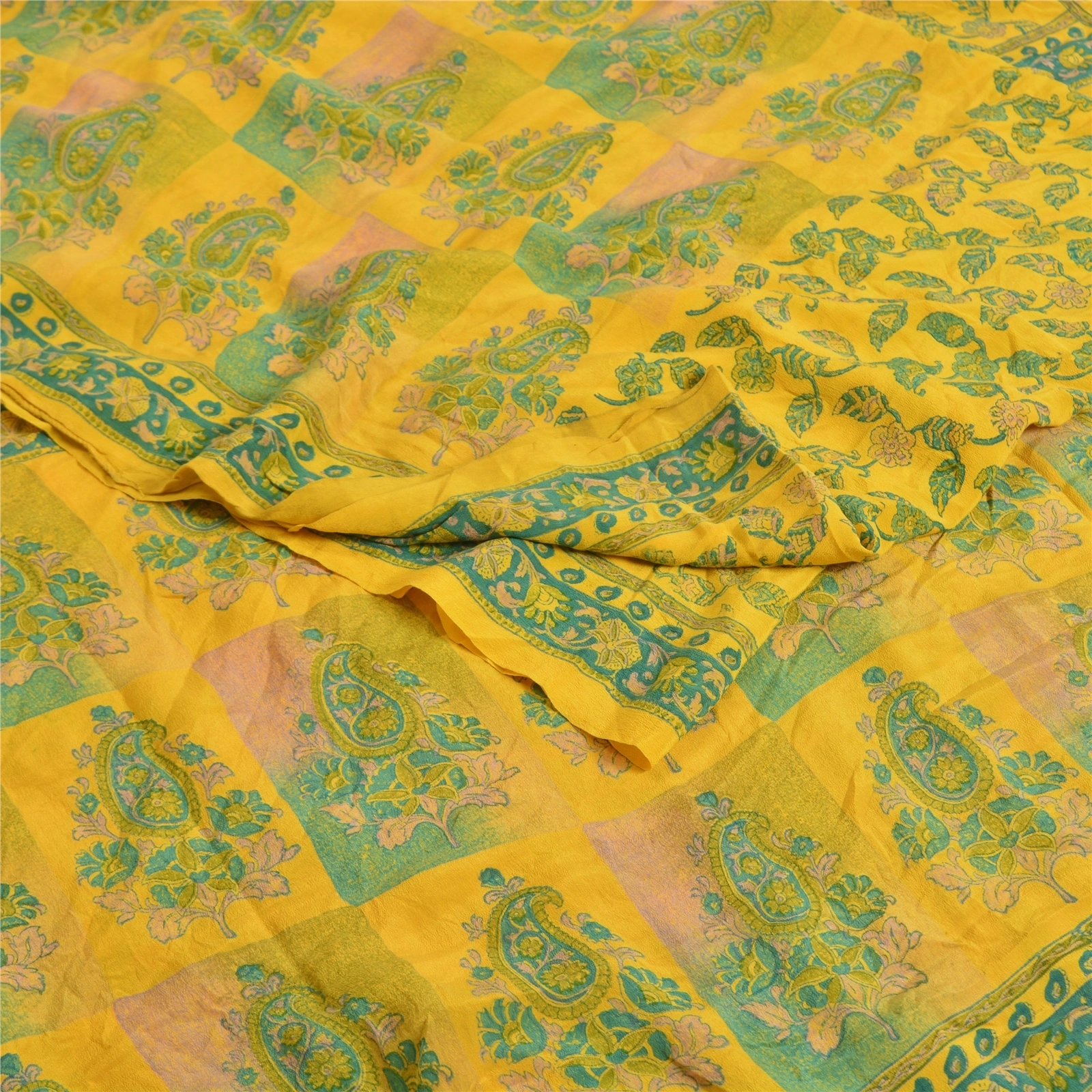 Sanskriti Vintage Sarees Indian Yellow Printed Pure Crepe Silk Sari Craft Fabric, PRC-19178-Yellow-Printed Floral Design-Pure Crepe Silk-1