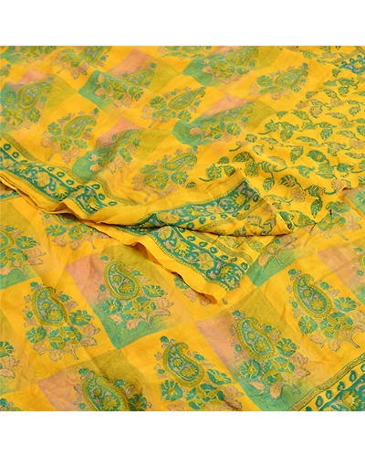 Sanskriti Vintage Sarees Indian Yellow Printed Pure Crepe Silk Sari Craft Fabric, PRC-19178-Yellow-Printed Floral Design-Pure Crepe Silk-1