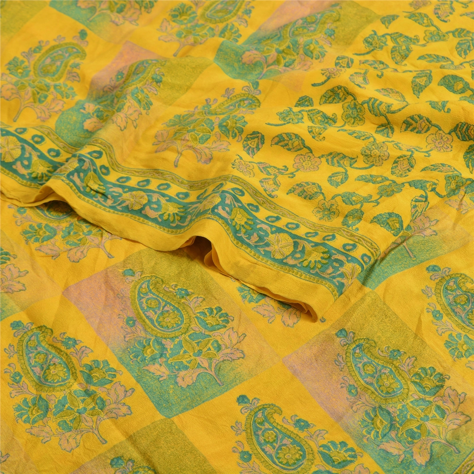 Sanskriti Vintage Sarees Indian Yellow Printed Pure Crepe Silk Sari Craft Fabric, PRC-19178-Yellow-Printed Floral Design-Pure Crepe Silk-2