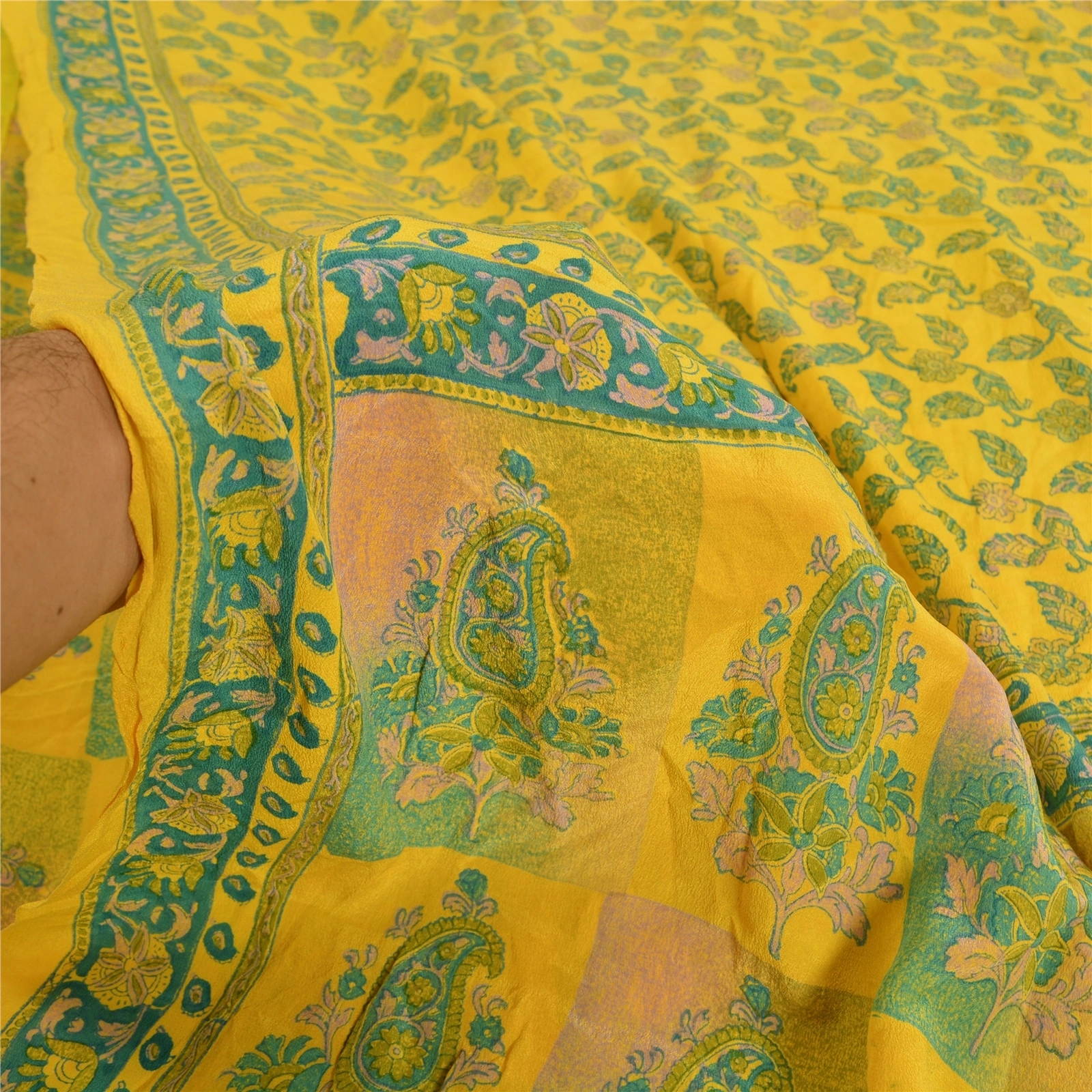 Sanskriti Vintage Sarees Indian Yellow Printed Pure Crepe Silk Sari Craft Fabric, PRC-19178-Yellow-Printed Floral Design-Pure Crepe Silk-4