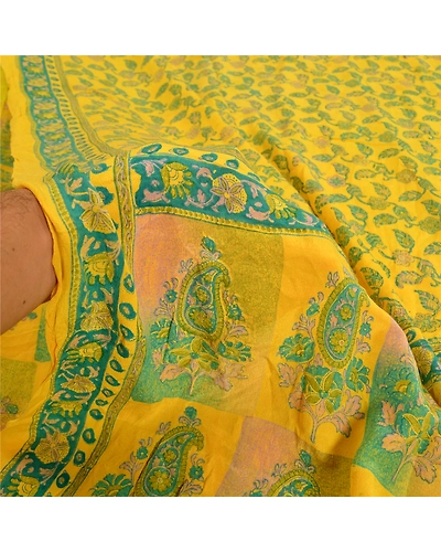 Sanskriti Vintage Sarees Indian Yellow Printed Pure Crepe Silk Sari Craft Fabric, PRC-19178-Yellow-Printed Floral Design-Pure Crepe Silk-4