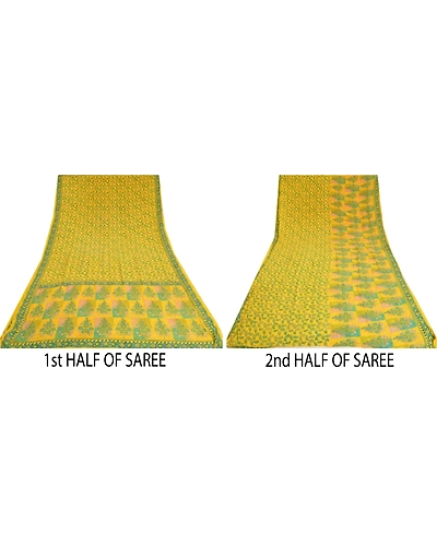 Sanskriti Vintage Sarees Indian Yellow Printed Pure Crepe Silk Sari Craft Fabric, PRC-19178-Yellow-Printed Floral Design-Pure Crepe Silk-5