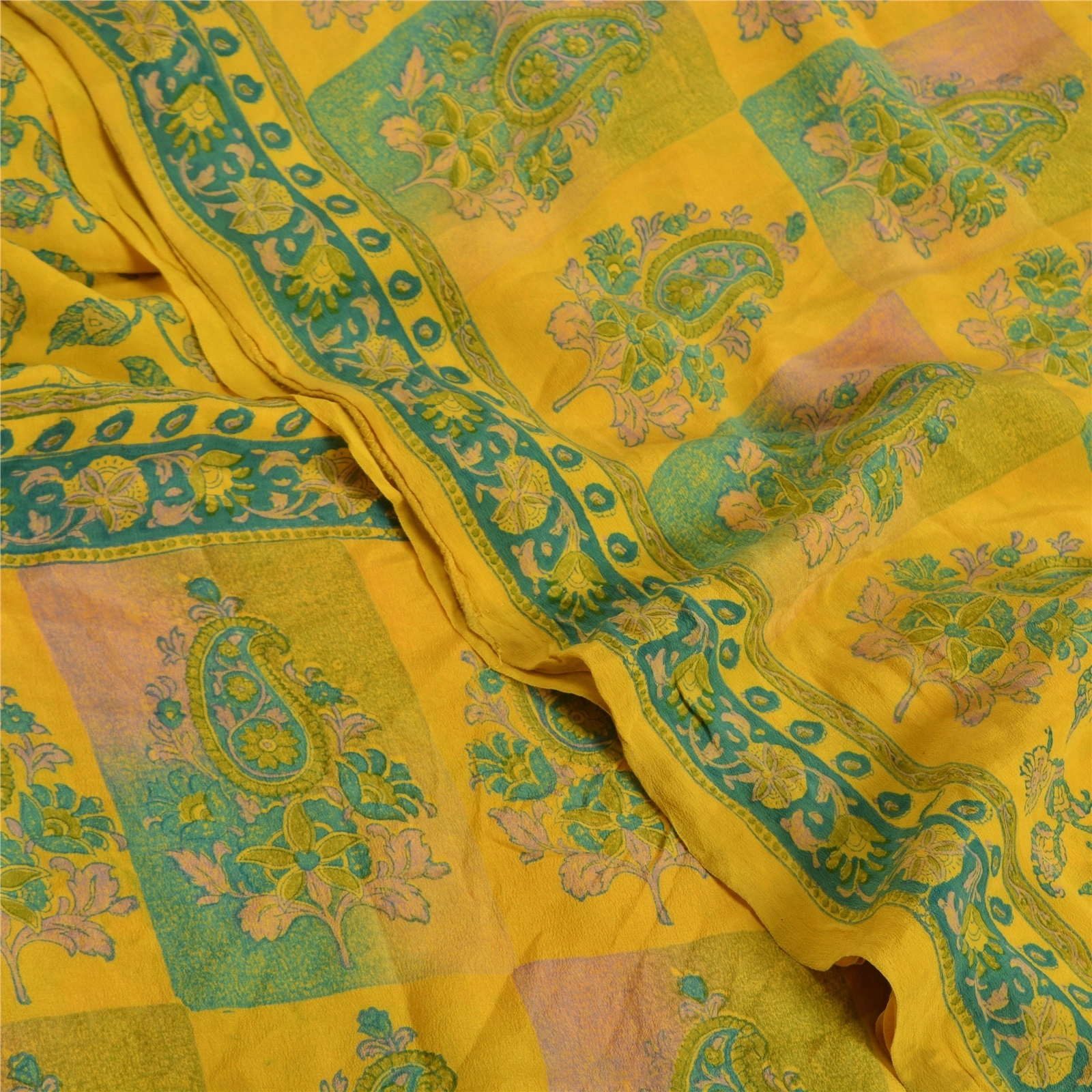 Sanskriti Vintage Sarees Indian Yellow Printed Pure Crepe Silk Sari Craft Fabric, PRC-19178-Yellow-Printed Floral Design-Pure Crepe Silk-6