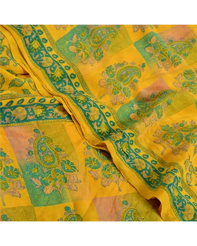 Sanskriti Vintage Sarees Indian Yellow Printed Pure Crepe Silk Sari Craft Fabric, PRC-19178-Yellow-Printed Floral Design-Pure Crepe Silk-6