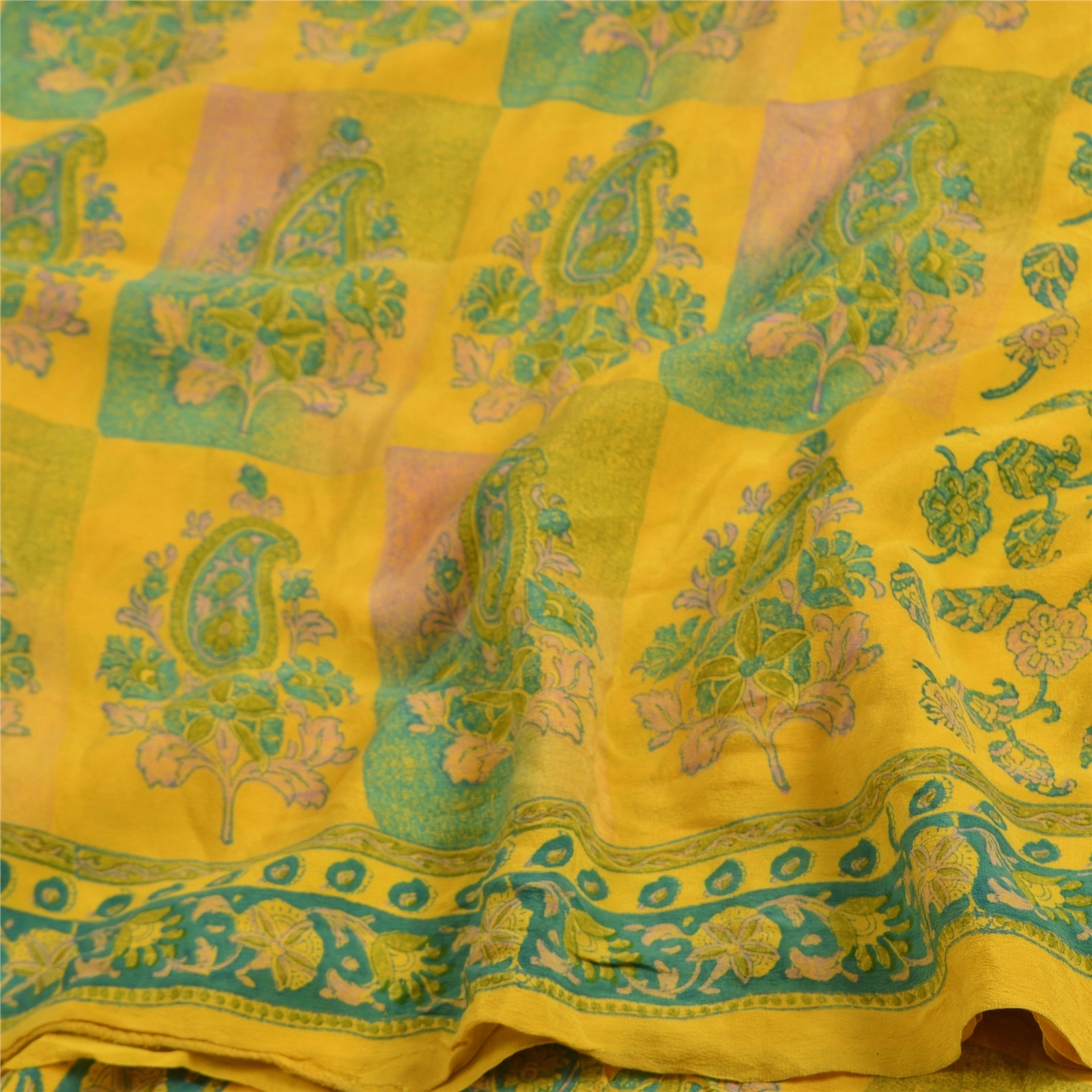 Sanskriti Vintage Sarees Indian Yellow Printed Pure Crepe Silk Sari Craft Fabric, PRC-19178-Yellow-Printed Floral Design-Pure Crepe Silk-7