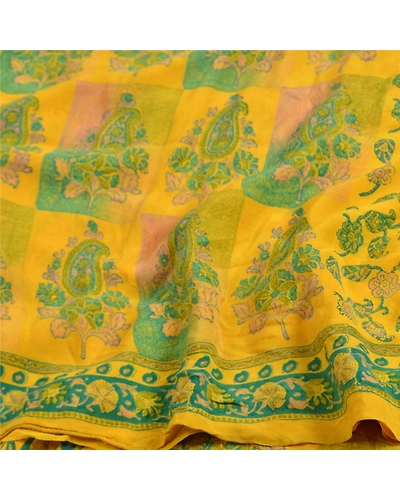 Sanskriti Vintage Sarees Indian Yellow Printed Pure Crepe Silk Sari Craft Fabric, PRC-19178-Yellow-Printed Floral Design-Pure Crepe Silk-7