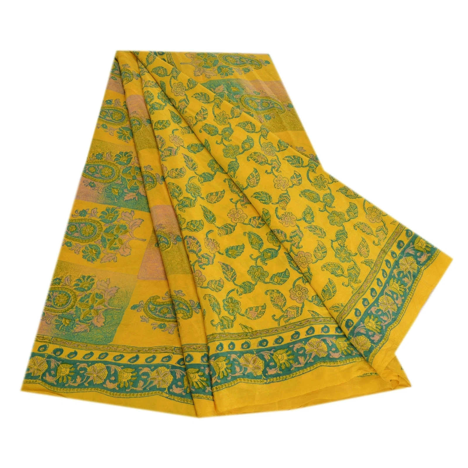 Sanskriti Vintage Sarees Indian Yellow Printed Pure Crepe Silk Sari Craft Fabric, PRC-19178-Yellow-Printed Floral Design-Pure Crepe Silk-8