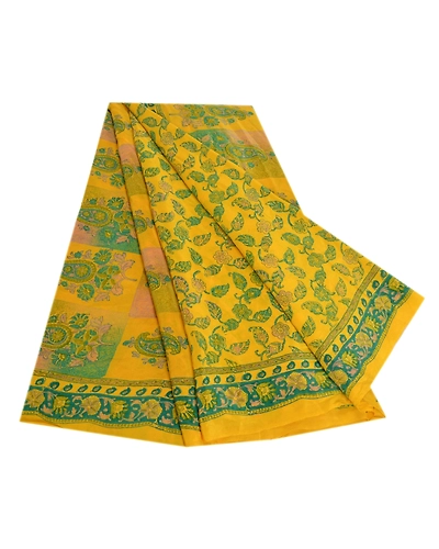 Sanskriti Vintage Sarees Indian Yellow Printed Pure Crepe Silk Sari Craft Fabric, PRC-19178-Yellow-Printed Floral Design-Pure Crepe Silk-8