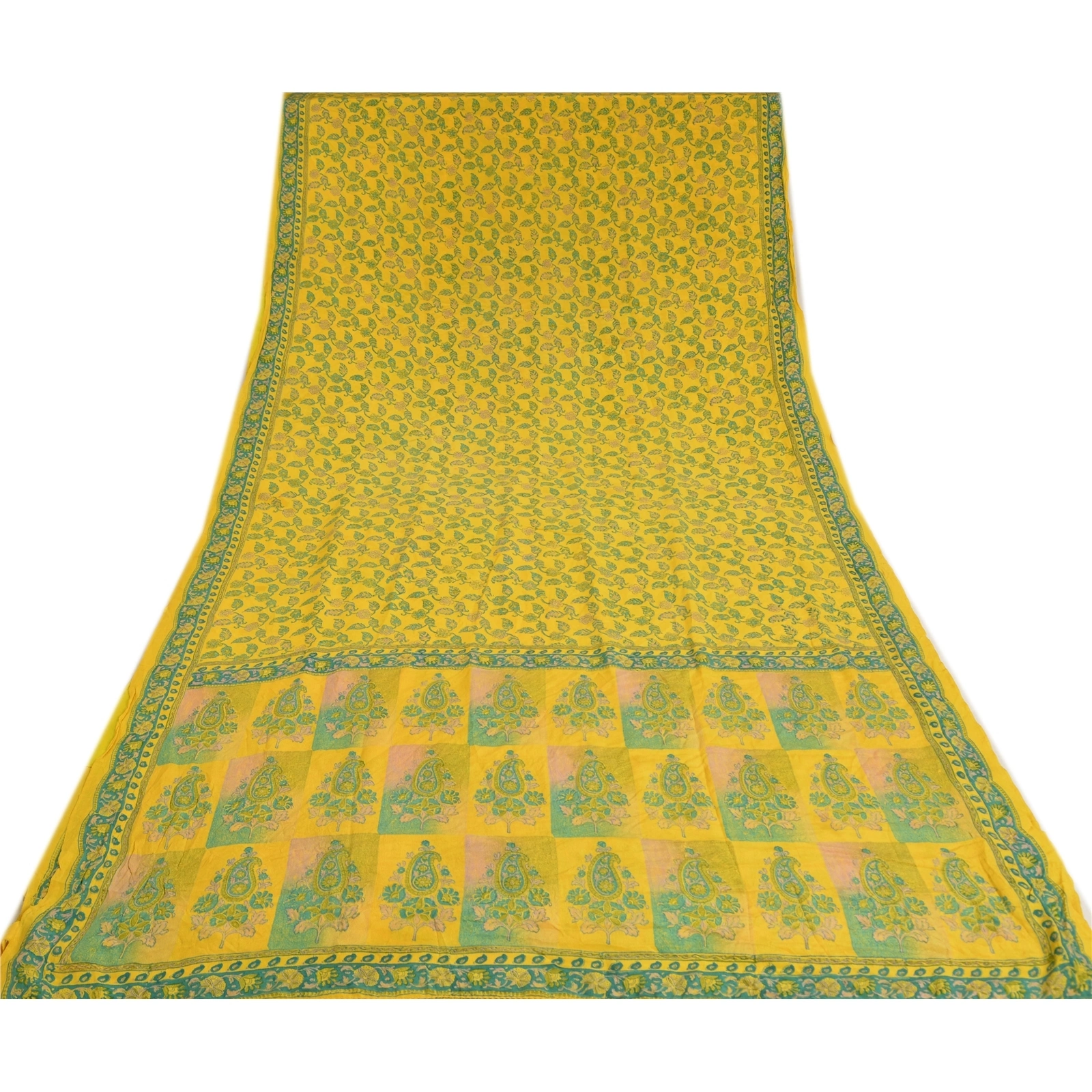 Sanskriti Vintage Sarees Indian Yellow Printed Pure Crepe Silk Sari Craft Fabric, PRC-19178-Yellow-Printed Floral Design-Pure Crepe Silk-9