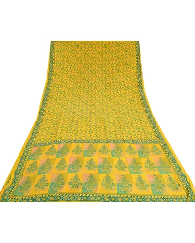 Sanskriti Vintage Sarees Indian Yellow Printed Pure Crepe Silk Sari Craft Fabric, PRC-19178-Yellow-Printed Floral Design-Pure Crepe Silk-9