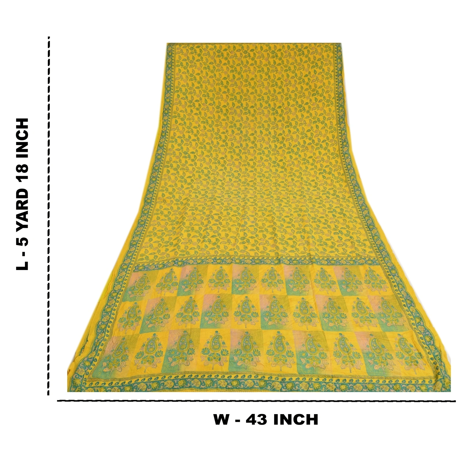 Sanskriti Vintage Sarees Indian Yellow Printed Pure Crepe Silk Sari Craft Fabric, PRC-19178-Yellow-Printed Floral Design-Pure Crepe Silk-10