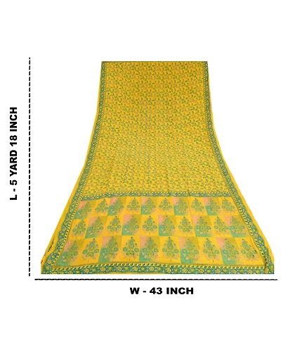 Sanskriti Vintage Sarees Indian Yellow Printed Pure Crepe Silk Sari Craft Fabric, PRC-19178-Yellow-Printed Floral Design-Pure Crepe Silk-10