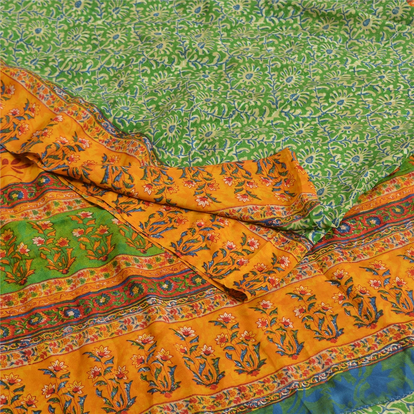 Sanskriti Vintage Sarees Green Indian Printed Pure Crepe Silk Sari Craft Fabric, PRC-19183-Green-Printed Floral Design-Pure Crepe Silk-1