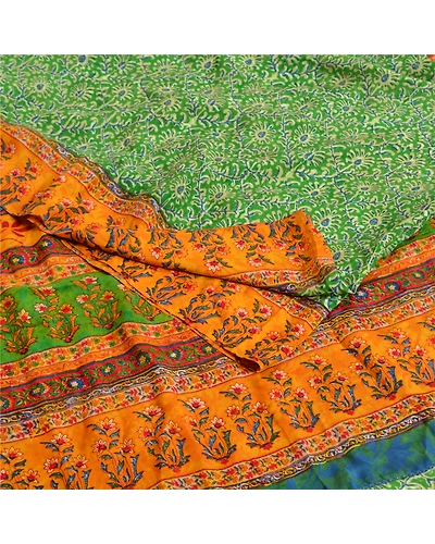 Sanskriti Vintage Sarees Green Indian Printed Pure Crepe Silk Sari Craft Fabric, PRC-19183-Green-Printed Floral Design-Pure Crepe Silk-1