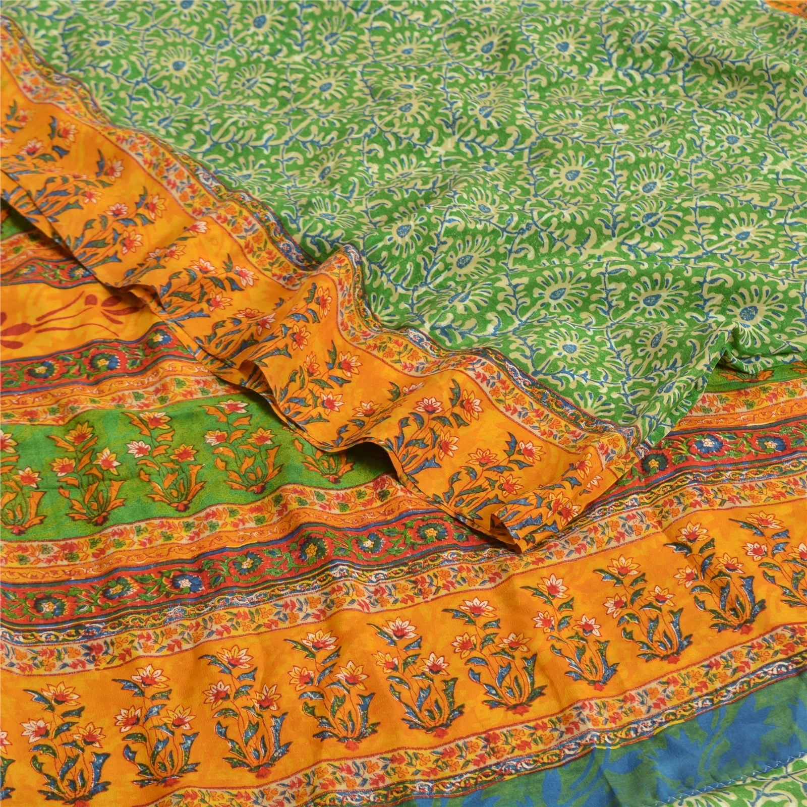 Sanskriti Vintage Sarees Green Indian Printed Pure Crepe Silk Sari Craft Fabric, PRC-19183-Green-Printed Floral Design-Pure Crepe Silk-2