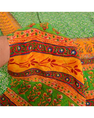 Sanskriti Vintage Sarees Green Indian Printed Pure Crepe Silk Sari Craft Fabric, PRC-19183-Green-Printed Floral Design-Pure Crepe Silk-3