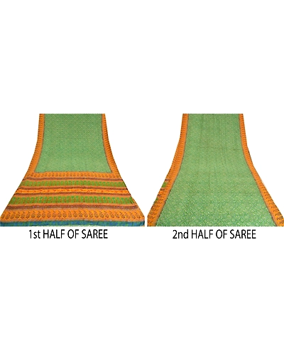 Sanskriti Vintage Sarees Green Indian Printed Pure Crepe Silk Sari Craft Fabric, PRC-19183-Green-Printed Floral Design-Pure Crepe Silk-4