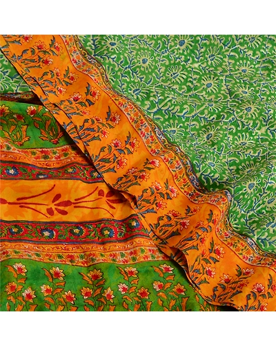 Sanskriti Vintage Sarees Green Indian Printed Pure Crepe Silk Sari Craft Fabric, PRC-19183-Green-Printed Floral Design-Pure Crepe Silk-5