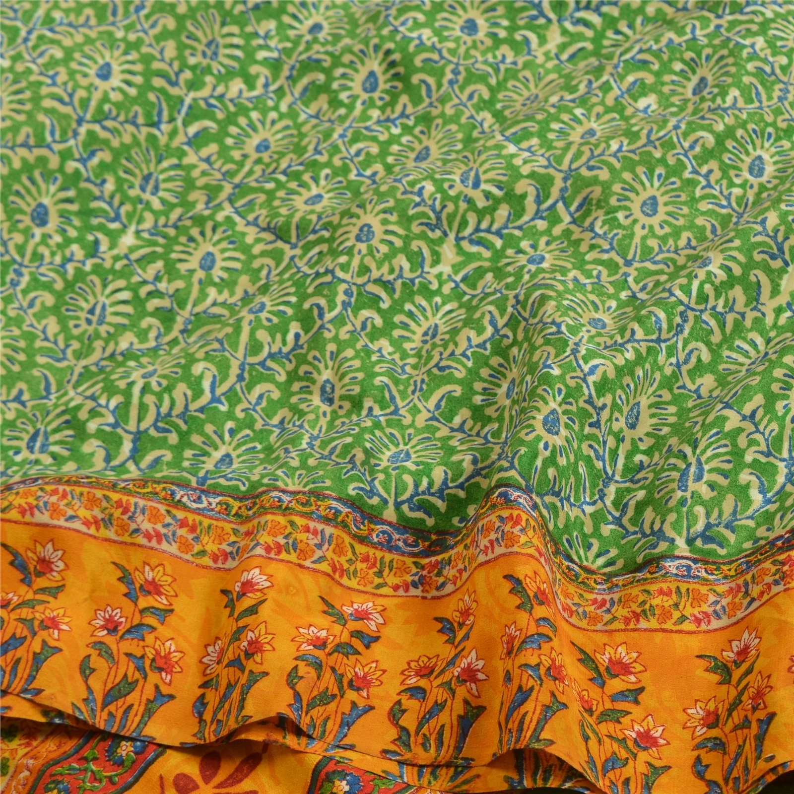 Sanskriti Vintage Sarees Green Indian Printed Pure Crepe Silk Sari Craft Fabric, PRC-19183-Green-Printed Floral Design-Pure Crepe Silk-6