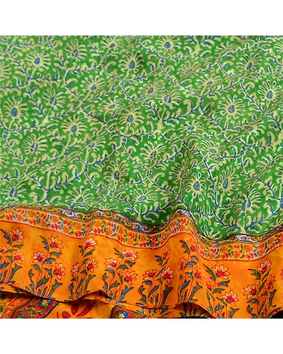 Sanskriti Vintage Sarees Green Indian Printed Pure Crepe Silk Sari Craft Fabric, PRC-19183-Green-Printed Floral Design-Pure Crepe Silk-6