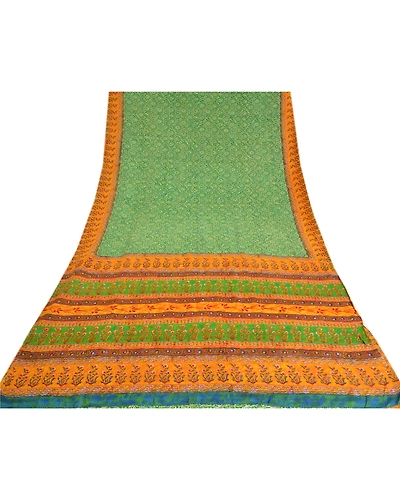 Sanskriti Vintage Sarees Green Indian Printed Pure Crepe Silk Sari Craft Fabric, PRC-19183-Green-Printed Floral Design-Pure Crepe Silk-8