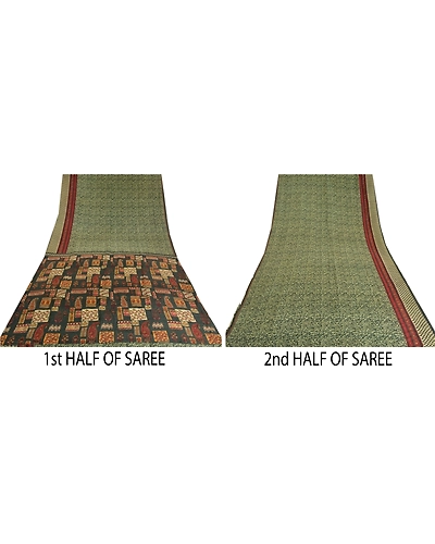 Sanskriti Vintage Sarees Green Indian Printed Pure Crepe Silk Sari Craft Fabric, PRC-19184-Green-Printed Floral Design-Pure Crepe Silk-4