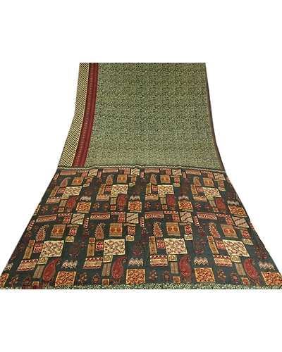 Sanskriti Vintage Sarees Green Indian Printed Pure Crepe Silk Sari Craft Fabric, PRC-19184-Green-Printed Floral Design-Pure Crepe Silk-8