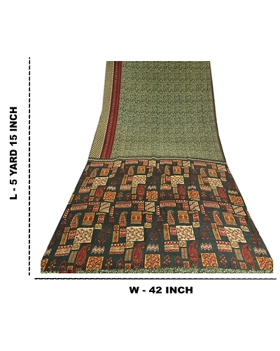 Sanskriti Vintage Sarees Green Indian Printed Pure Crepe Silk Sari Craft Fabric, PRC-19184-Green-Printed Floral Design-Pure Crepe Silk-9