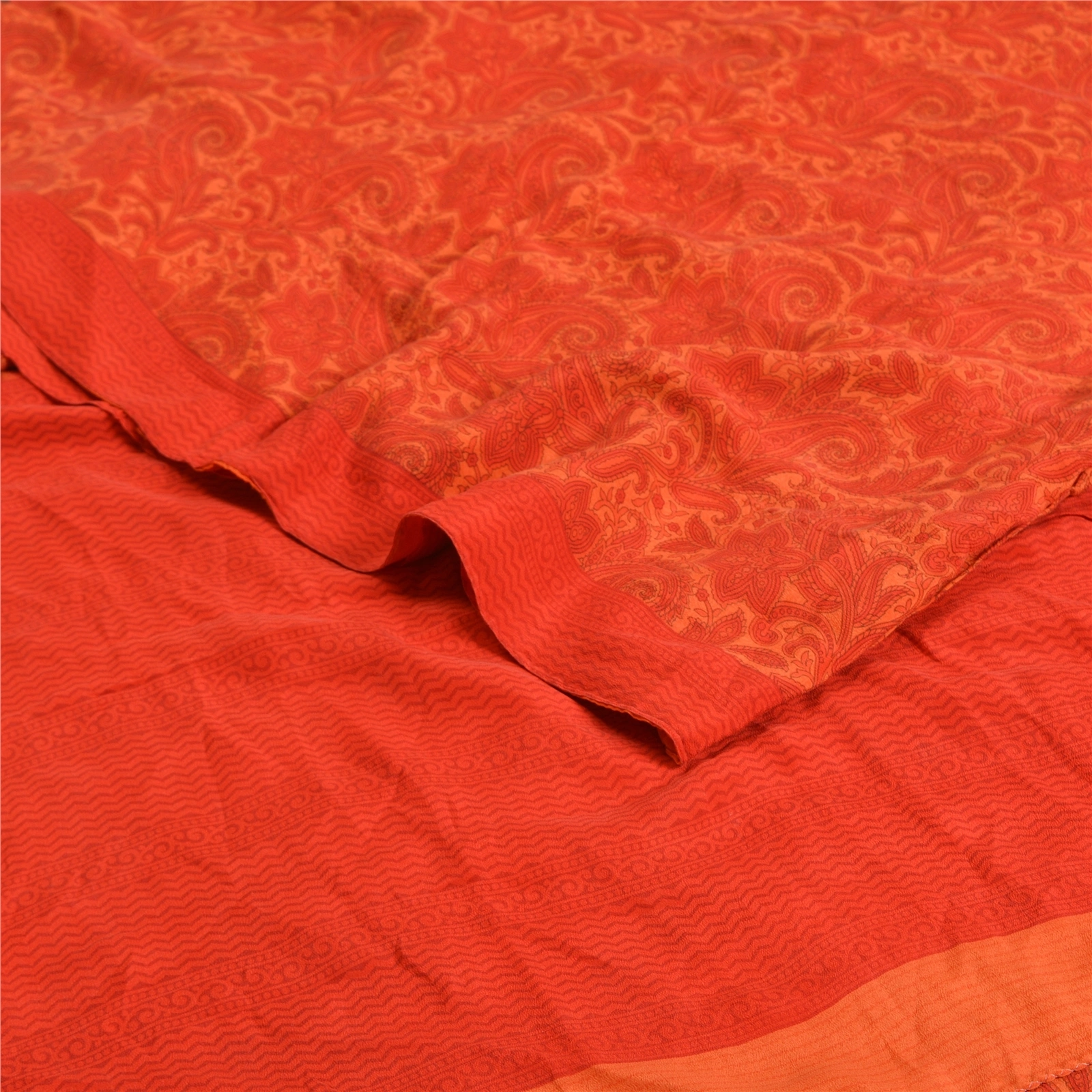 Sanskriti Vintage Sarees Red Indian Printed Pure Crepe Silk Sari Craft Fabric, PRC-19185-Red-Printed Floral Design-Pure Crepe Silk-2