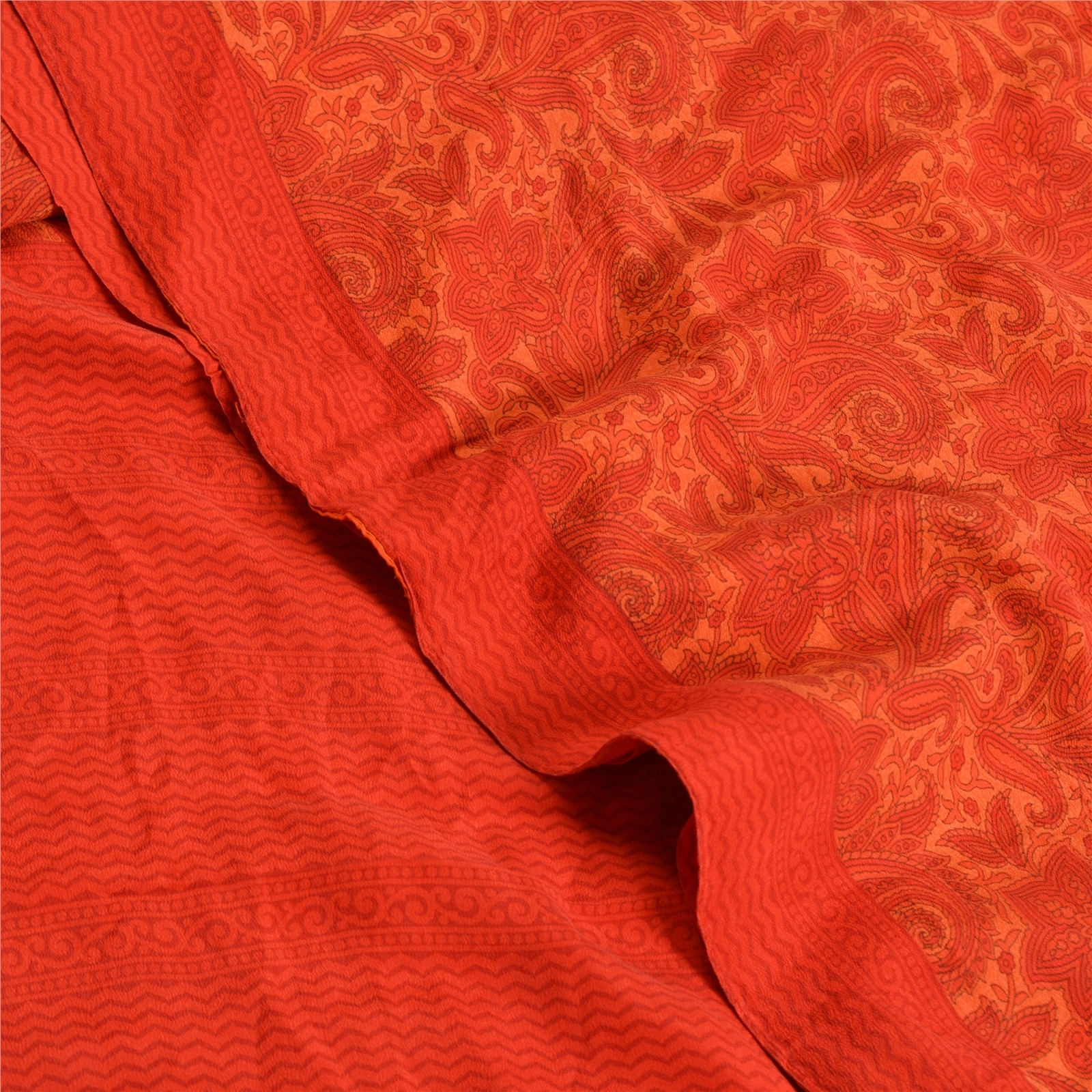 Sanskriti Vintage Sarees Red Indian Printed Pure Crepe Silk Sari Craft Fabric, PRC-19185-Red-Printed Floral Design-Pure Crepe Silk-5