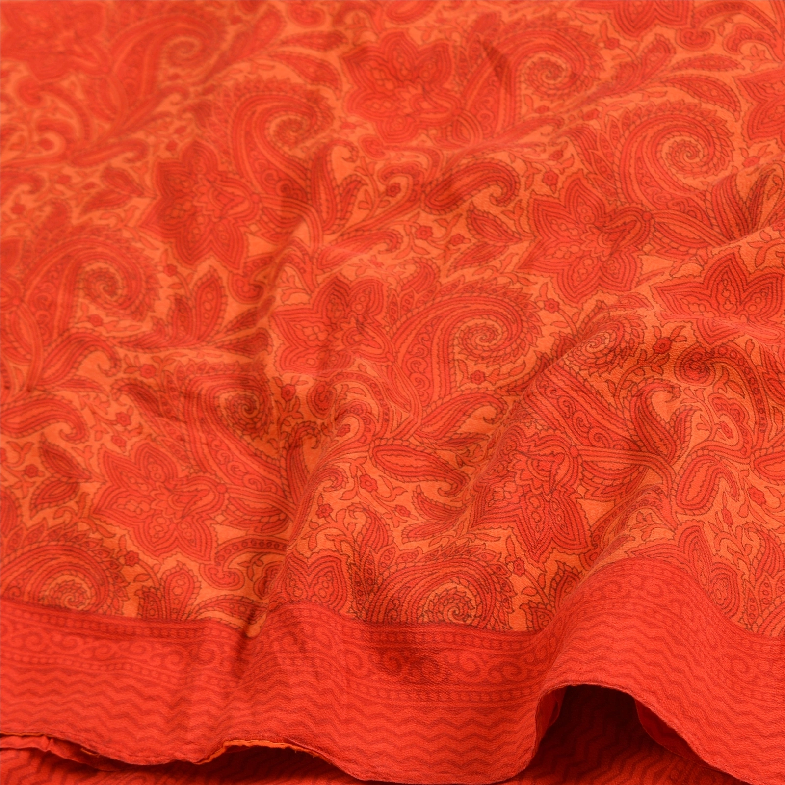 Sanskriti Vintage Sarees Red Indian Printed Pure Crepe Silk Sari Craft Fabric, PRC-19185-Red-Printed Floral Design-Pure Crepe Silk-6