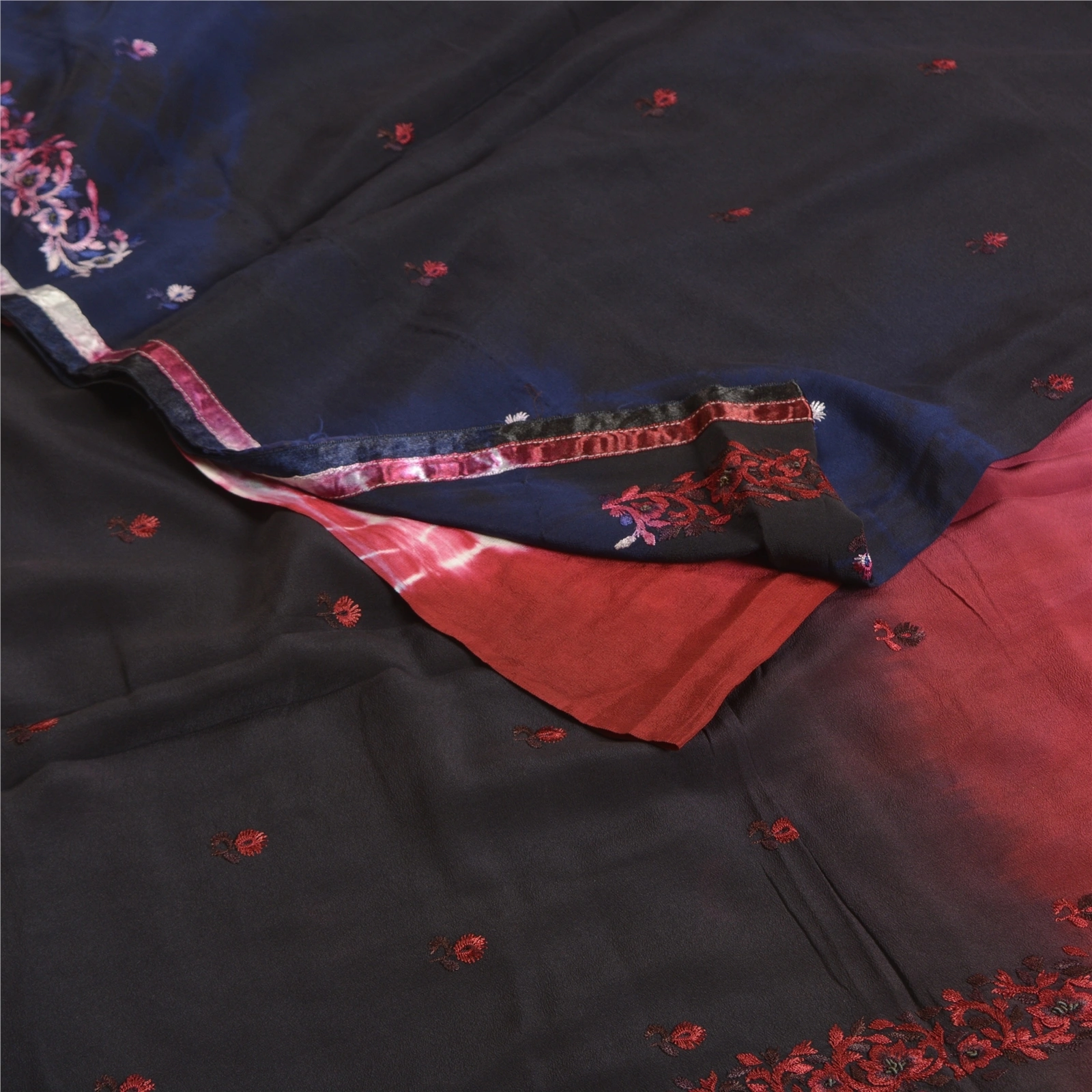 Sanskriti Vintage Sarees Black Tie-Dye Embroidered Pure Crepe Silk Sari Fabric, PRC-19205-Black-Printed Floral Design-Pure Crepe Silk-1