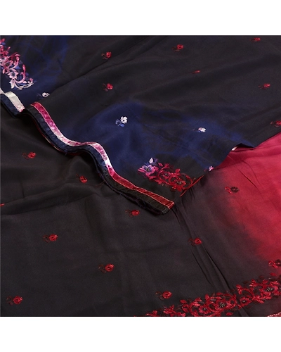 Sanskriti Vintage Sarees Black Tie-Dye Embroidered Pure Crepe Silk Sari Fabric, PRC-19205-Black-Printed Floral Design-Pure Crepe Silk-2