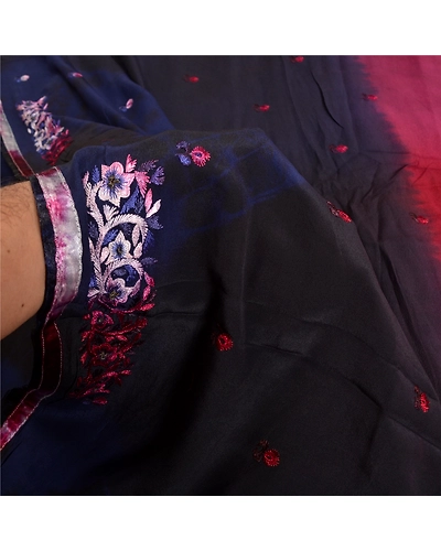 Sanskriti Vintage Sarees Black Tie-Dye Embroidered Pure Crepe Silk Sari Fabric, PRC-19205-Black-Printed Floral Design-Pure Crepe Silk-3