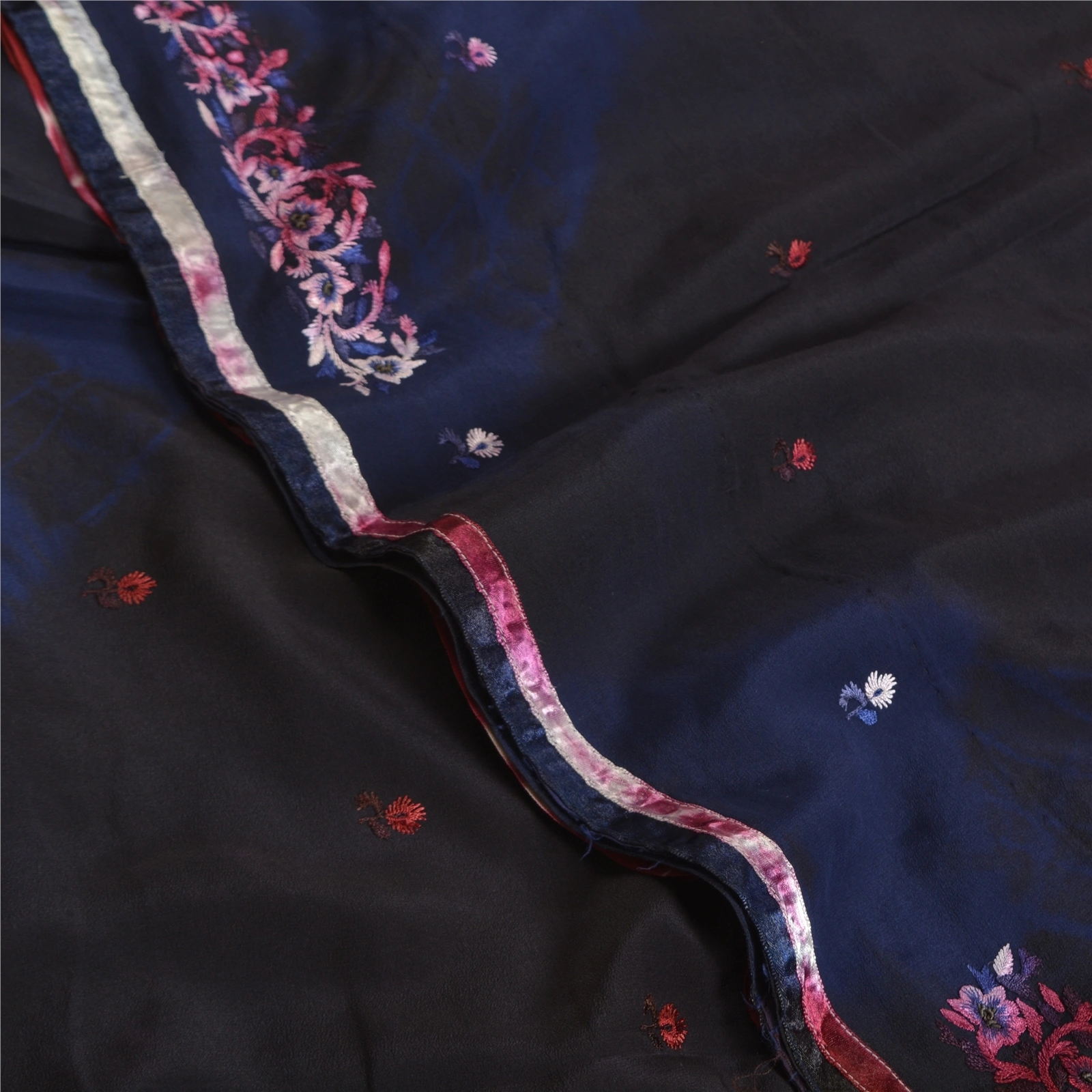 Sanskriti Vintage Sarees Black Tie-Dye Embroidered Pure Crepe Silk Sari Fabric, PRC-19205-Black-Printed Floral Design-Pure Crepe Silk-5