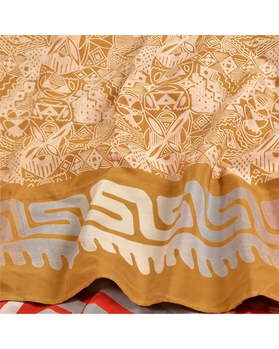 Sanskriti Vintage Sarees Indian Cream Pure Crepe Silk Printed Sari Craft Fabric, PRC-19206-Cream-Printed Floral Design-Pure Crepe Silk-6