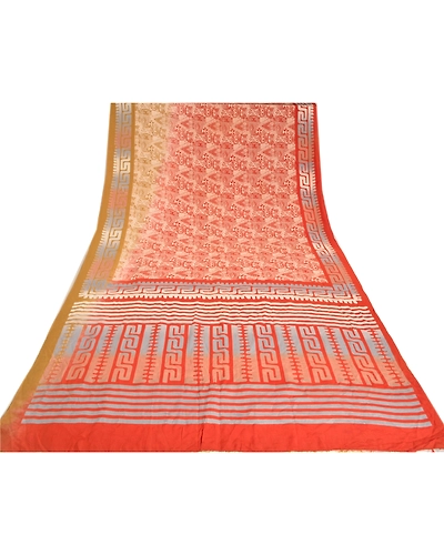 Sanskriti Vintage Sarees Indian Cream Pure Crepe Silk Printed Sari Craft Fabric, PRC-19206-Cream-Printed Floral Design-Pure Crepe Silk-8