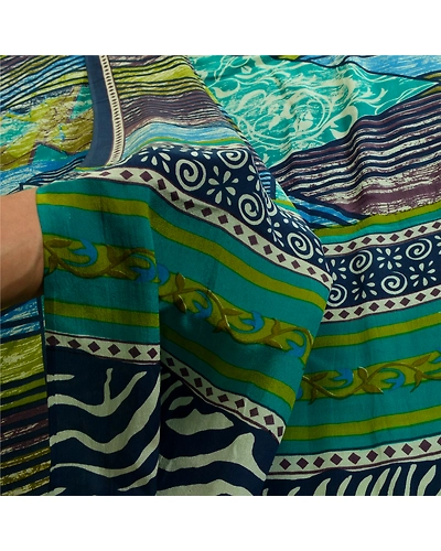Sanskriti Vintage Sarees Multi Indian Pure Crepe Silk Printed Sari Craft Fabric, PRC-19219-Multi-Printed Floral Design-Pure Crepe Silk-3
