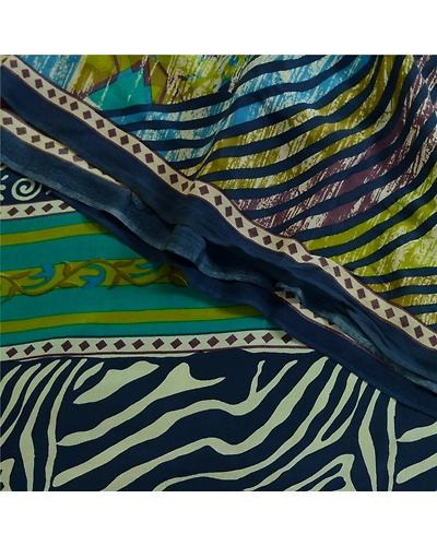 Sanskriti Vintage Sarees Multi Indian Pure Crepe Silk Printed Sari Craft Fabric, PRC-19219-Multi-Printed Floral Design-Pure Crepe Silk-5
