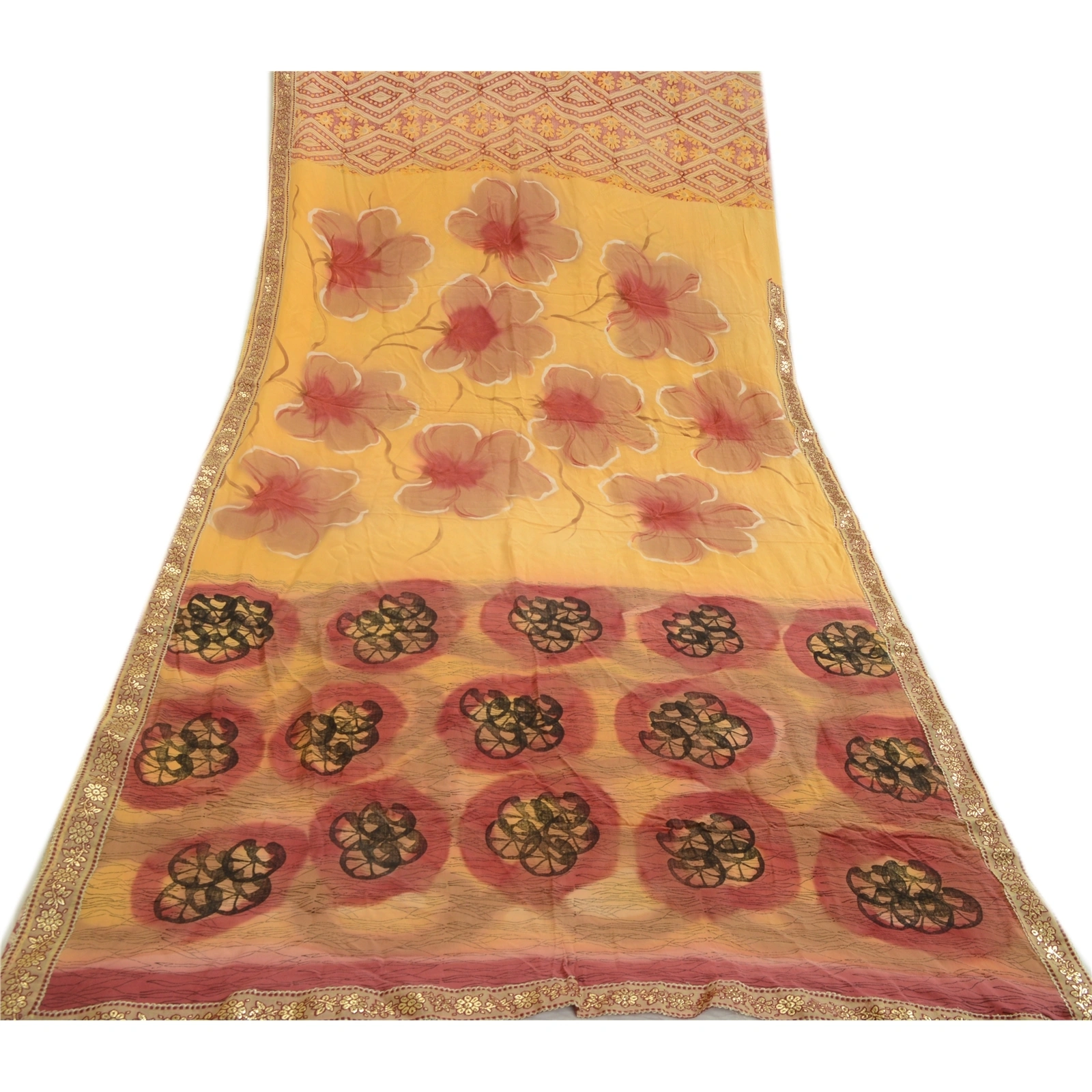 Sanskriti Vintage Sarees Red Indian Pure Crepe Silk Printed Sari Craft Fabric, PRC-19221-Red-Printed Floral Design-Pure Crepe Silk-8