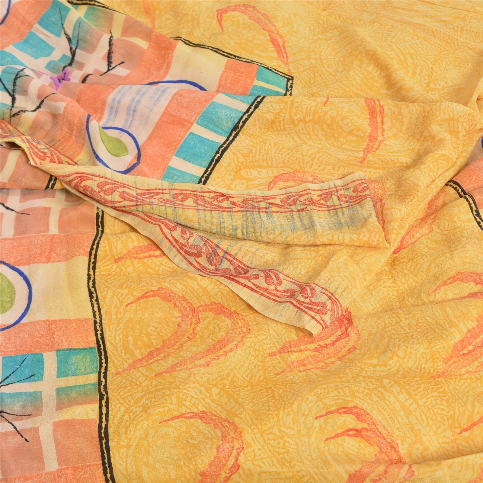 Sanskriti Vintage Sarees Yellow Indian Pure Crepe Silk Printed Sari Craft Fabric, PRC-19222-Yellow-Printed Floral Design-Pure Crepe Silk-1