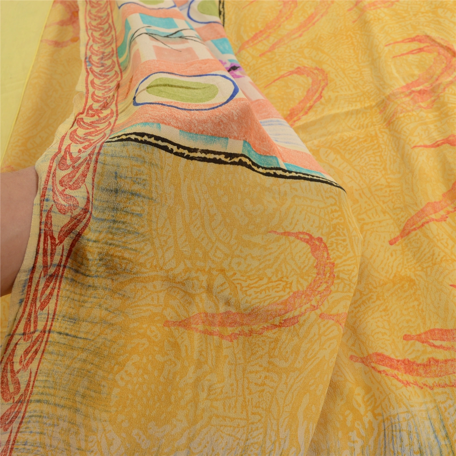 Sanskriti Vintage Sarees Yellow Indian Pure Crepe Silk Printed Sari Craft Fabric, PRC-19222-Yellow-Printed Floral Design-Pure Crepe Silk-3