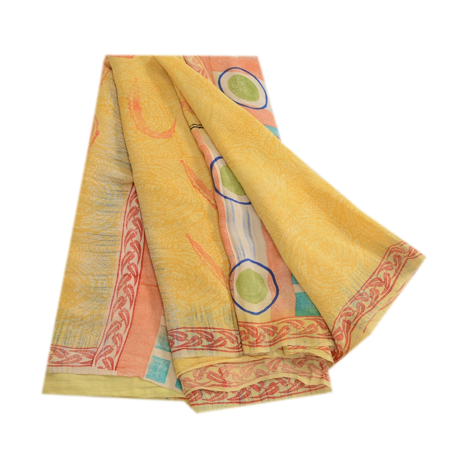 Sanskriti Vintage Sarees Yellow Indian Pure Crepe Silk Printed Sari Craft Fabric, PRC-19222-Yellow-Printed Floral Design-Pure Crepe Silk-7