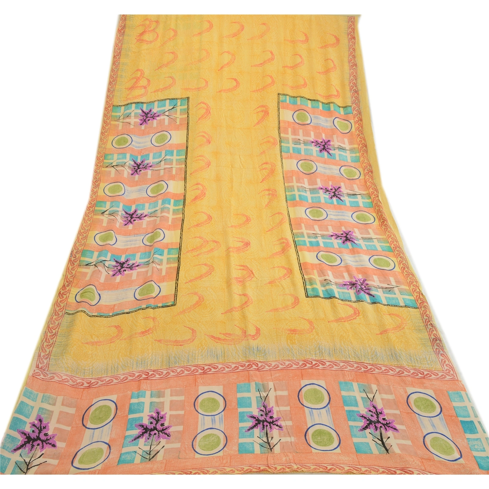 Sanskriti Vintage Sarees Yellow Indian Pure Crepe Silk Printed Sari Craft Fabric, PRC-19222-Yellow-Printed Floral Design-Pure Crepe Silk-8