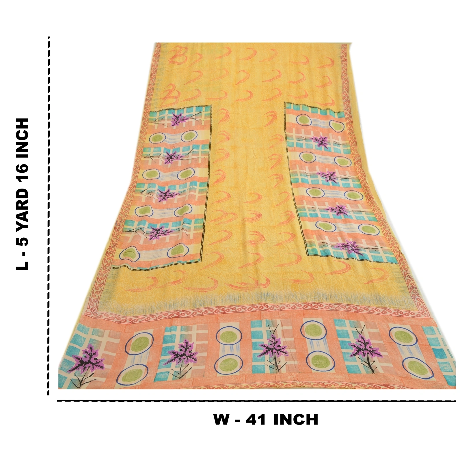 Sanskriti Vintage Sarees Yellow Indian Pure Crepe Silk Printed Sari Craft Fabric, PRC-19222-Yellow-Printed Floral Design-Pure Crepe Silk-9