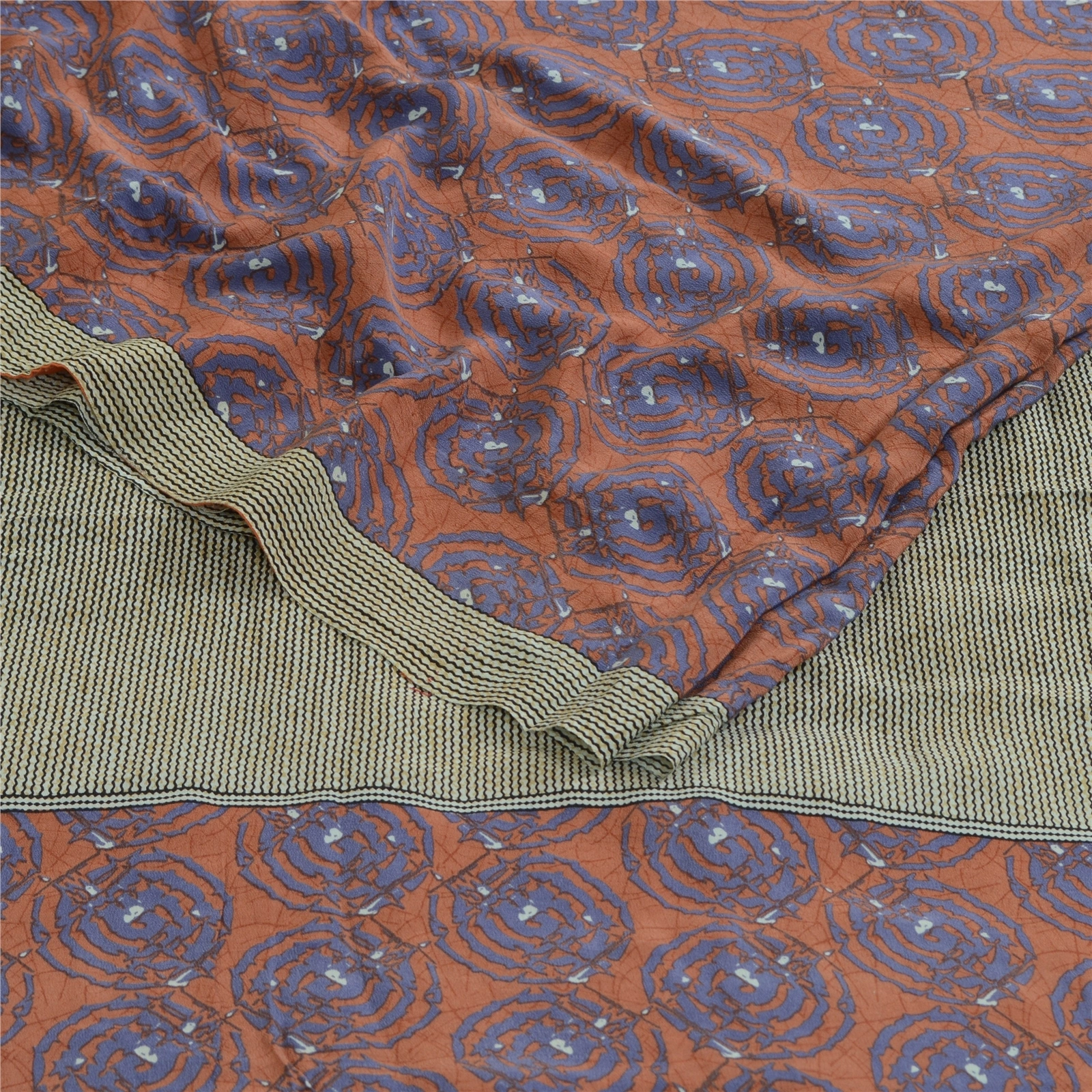 Sanskriti Vintage Sarees Brown Indian Pure Crepe Silk Printed Sari Craft Fabric, PRC-19225-Brown-Printed Floral Design-Pure Crepe Silk-2