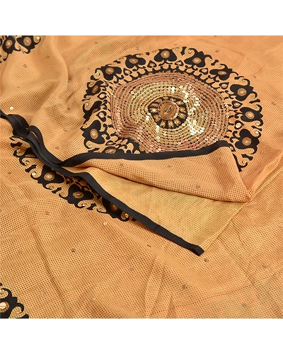 Sanskriti Vintage Sarees Beige Hand Beaded Pure Crepe Silk Printed Sari Fabric, PRC-19227-Beige-Printed Floral Design-Pure Crepe Silk-2